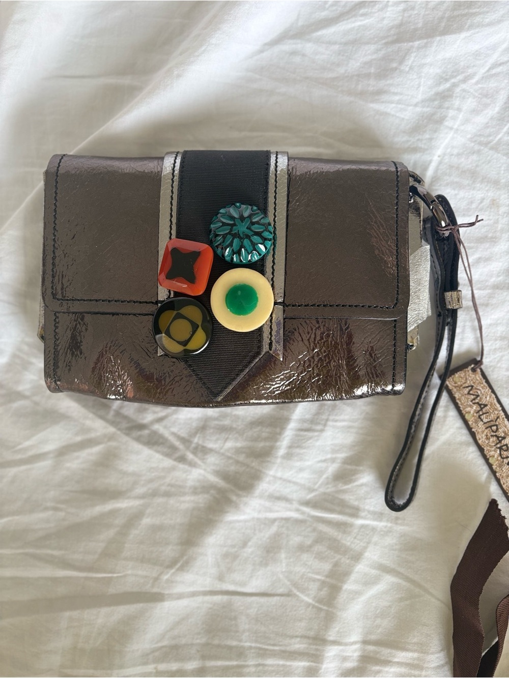 Maliparmi Metallic Brown Wristlet Clutch with Colorful Button Accents